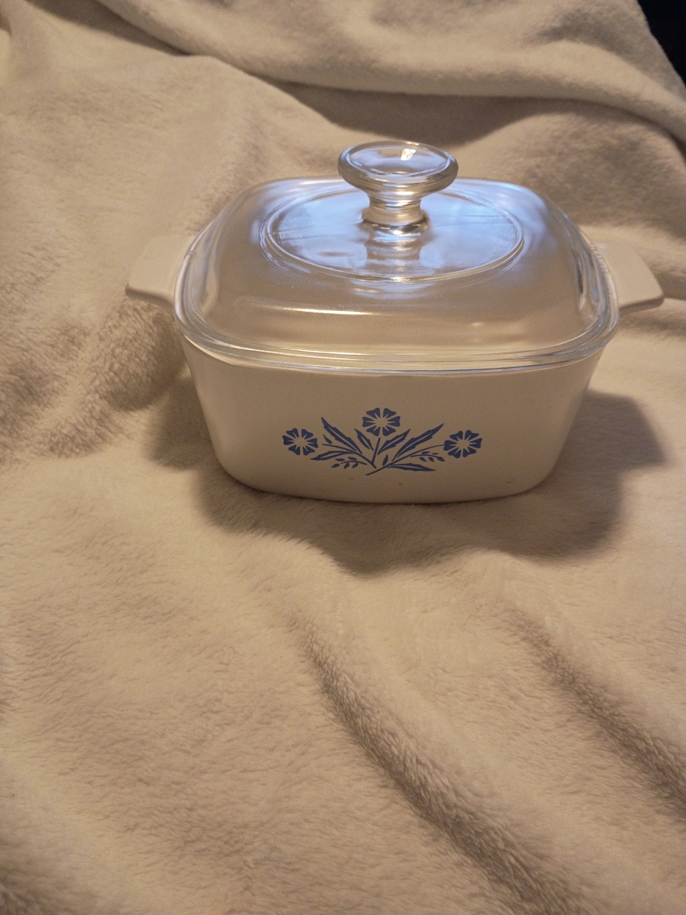 Corningware White Casserole with Blue Floral Motif and Glass Lid